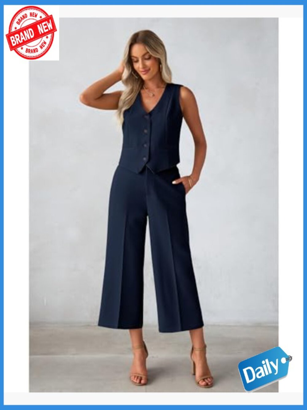 Women's 2 Piece Sleeveless Vest & Wide Leg Capri Pant Suit Set Dressy Casual - Picture 6 of 7